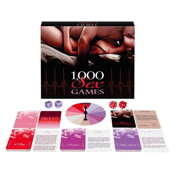 Kheper Games 1000 Sex Games box displayed with spinner wheel, card decks, and dice