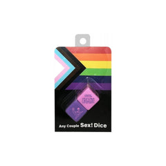 Kheper Games Any Couple Sex Dice in purple, shown in rainbow pride-themed card packaging