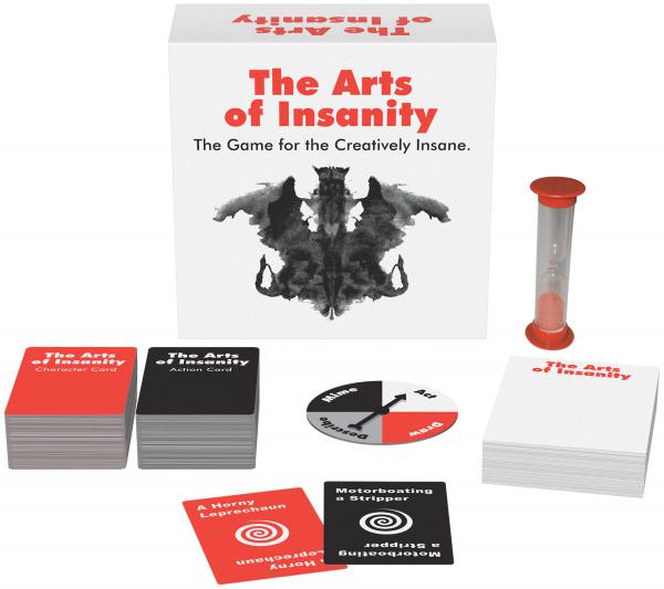 Kheper Games Arts of Insanity party game box with cards, spinner, and sand timer displayed