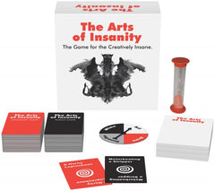 Kheper Games Arts of Insanity party game box with cards, spinner, and sand timer displayed