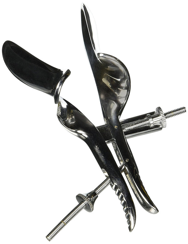 KI Miller Speculum side angle showing dual adjustment screws and ergonomic handle grip detail