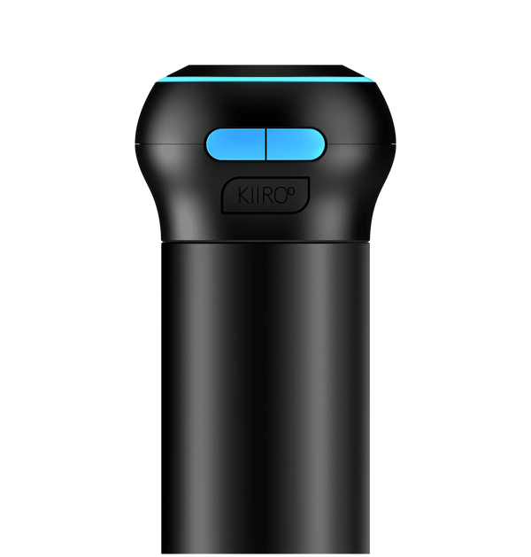 Kiiroo Control male masturbator front view showing dual blue control buttons and LED ring