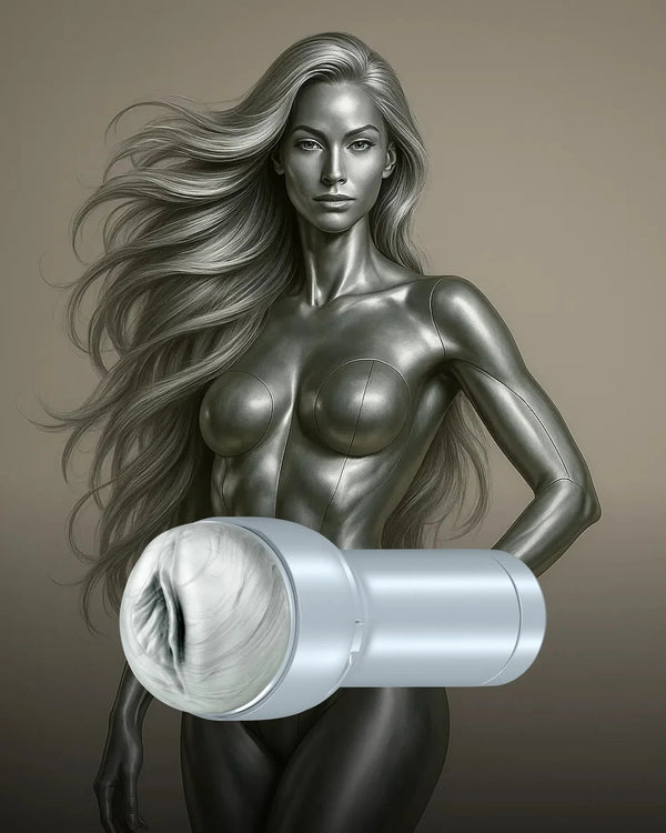 Kiiroo Feel Argenta Stroker held by a silver-toned illustrated female figure, metallic silver casing