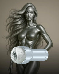 Kiiroo Feel Argenta Stroker held by a silver-toned illustrated female figure, metallic silver casing