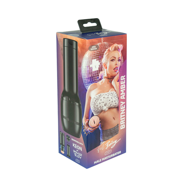 Kiiroo Feel Britney male masturbator beside its purple and blue retail box front view