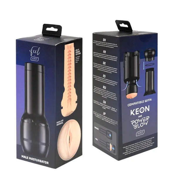 Kiiroo Feel Generic pale CPB-V2 male masturbator shown in front and back of dark blue retail box