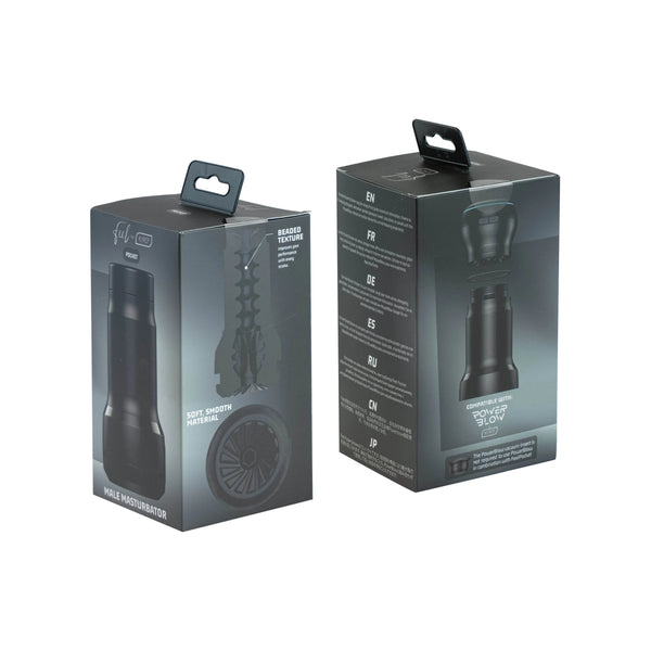 Kiiroo Feel Pocket Stroker front and back packaging, black box with internal texture diagram