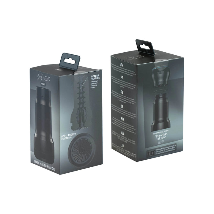 Kiiroo Feel Pocket Stroker front and back packaging, black box with internal texture diagram