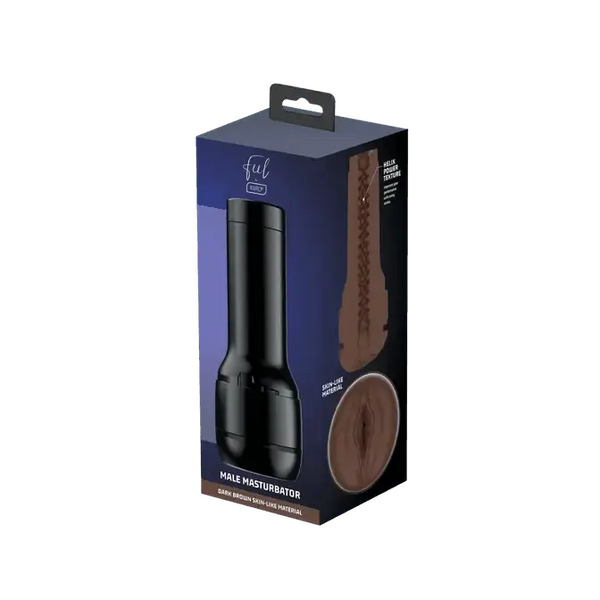 Kiiroo Feel Stroker Dark Brown male masturbator in navy retail box with skin-like sleeve detail