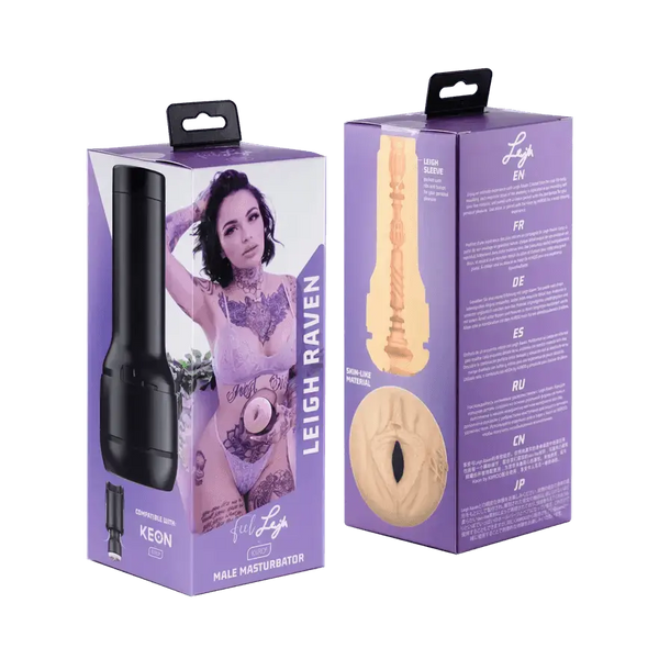 Kiiroo Feel Leigh Raven Stroker shown with front and back of purple retail packaging