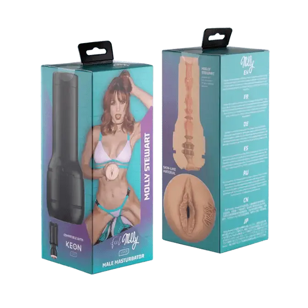 Kiiroo Feel Molly Stewart Stroker shown in teal retail box, front and back packaging displayed