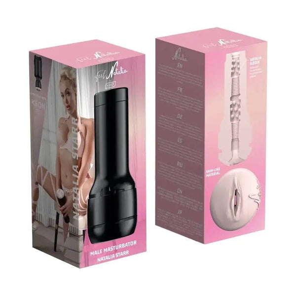 Kiiroo Feel Natalia Starr Stroker shown with front and back of pink retail packaging