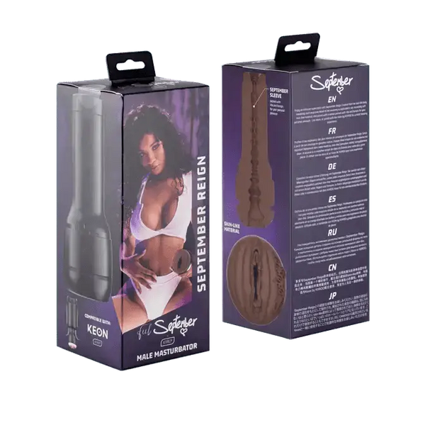 Kiiroo Feel September Reign Stroker retail box showing front and back packaging with multilingual text