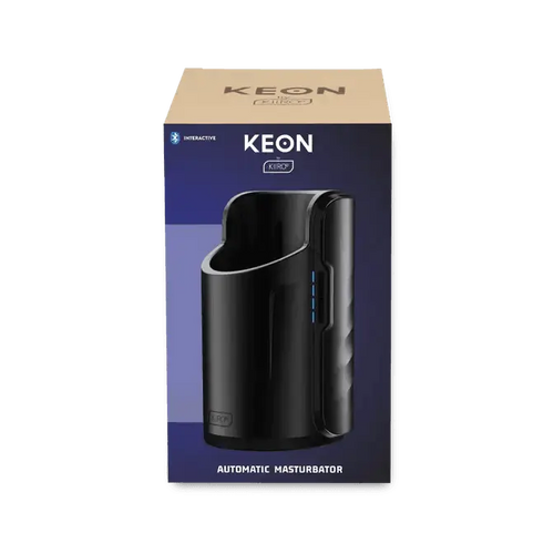Kiiroo Keon automatic stroker in retail box, glossy black body with blue LED indicators