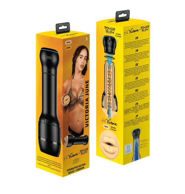 Kiiroo PowerBlow Feel Victoria June Combo Set in yellow retail packaging, front and back views