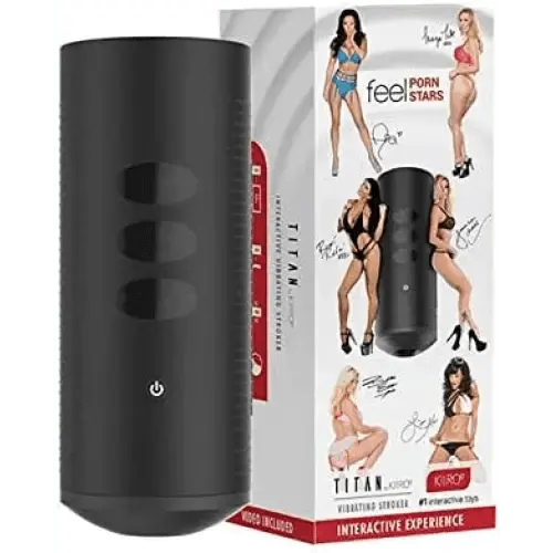 Kiiroo Titan black vibrating stroker beside its illustrated retail box featuring performer branding