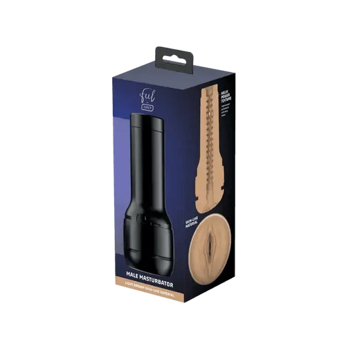 Kiiroo Feel Stroker Light Brown male masturbator in dark navy retail packaging with skin-tone sleeve detail