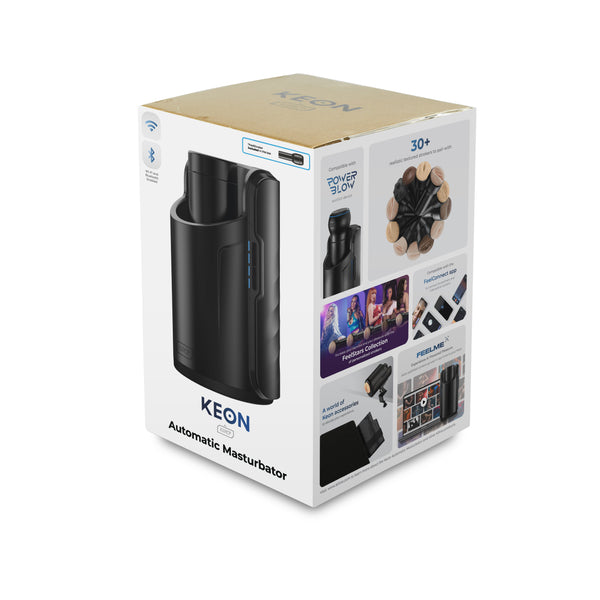 Kiiroo Keon Automatic Masturbator box, front angle, showing black device and feature panels