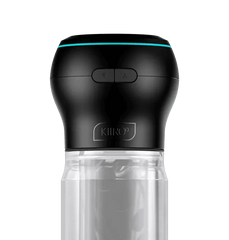 Close-up of Kiiroo Powerblow black motor head with teal LED ring and dual control buttons