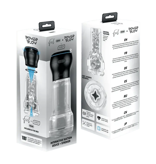 Kiiroo Powerblow Pocket Stroker Crystal interactive suction device in retail packaging, front and back views