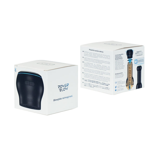 Kiiroo PowerBlow V2 suction device beside front and back of white product packaging