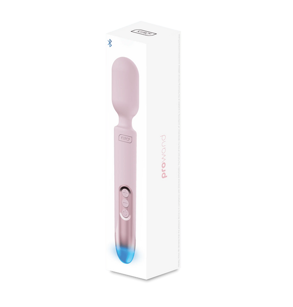 Kiiroo Prowand pink silicone wand vibrator shown beside its minimal white retail box