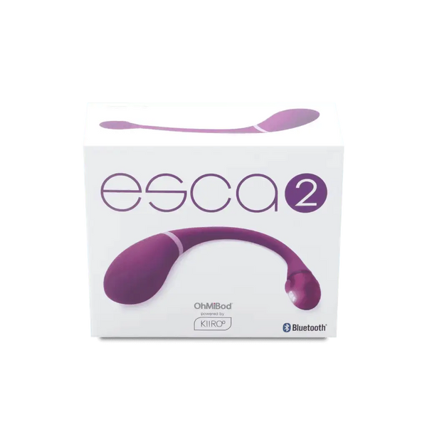 Kiiroo OhMiBod Esca2 vibrator retail box in white and purple with Bluetooth logo