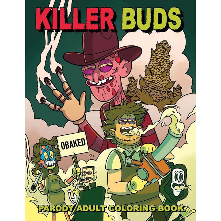 Killer Buds Parody Adult Coloring Book cover featuring illustrated horror-inspired cartoon characters