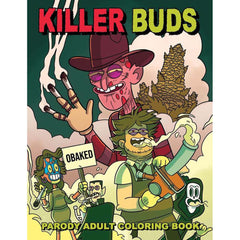 Killer Buds Parody Adult Coloring Book cover featuring illustrated horror-inspired cartoon characters