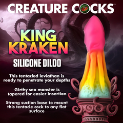 King Kraken Silicone Dildo product feature card highlighting tapered shaft and suction base