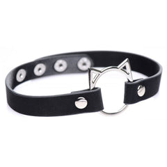 Kinky Kitty black faux-leather choker laid flat showing silver cat-ear O-ring front detail