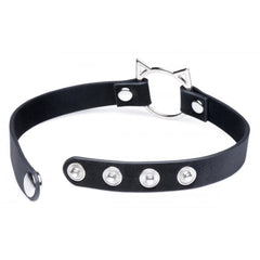 Close-up of Kinky Kitty choker snap closure buttons on black faux-leather adjustable band
