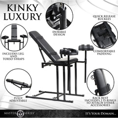 Kinky Luxury callout graphic showing D-rings, quick-release buckles, and padded stirrup detail