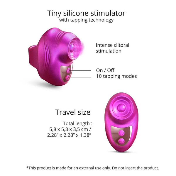 Kisscool dimensions and feature diagram: 10 tapping modes, on/off button, travel-size silicone body