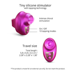 Kisscool dimensions and feature diagram: 10 tapping modes, on/off button, travel-size silicone body