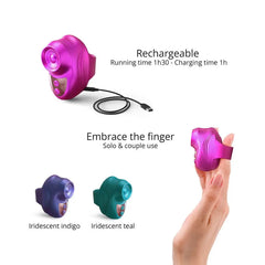 Kisscool finger vibrator being held, shown with USB charging cable and two additional colour options
