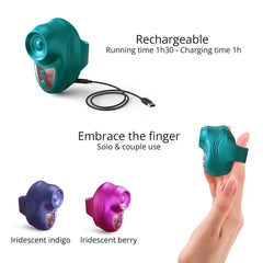 Kisscool rechargeable finger stimulator shown on hand, available in three colour options