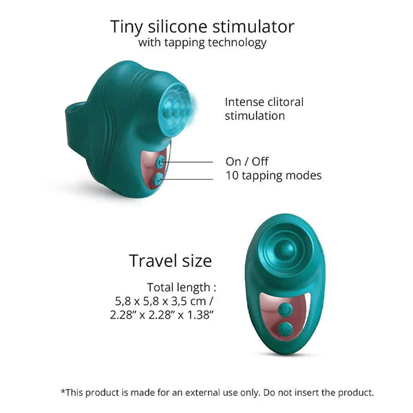 Kisscool silicone stimulator dimensions and tapping technology feature diagram, travel size