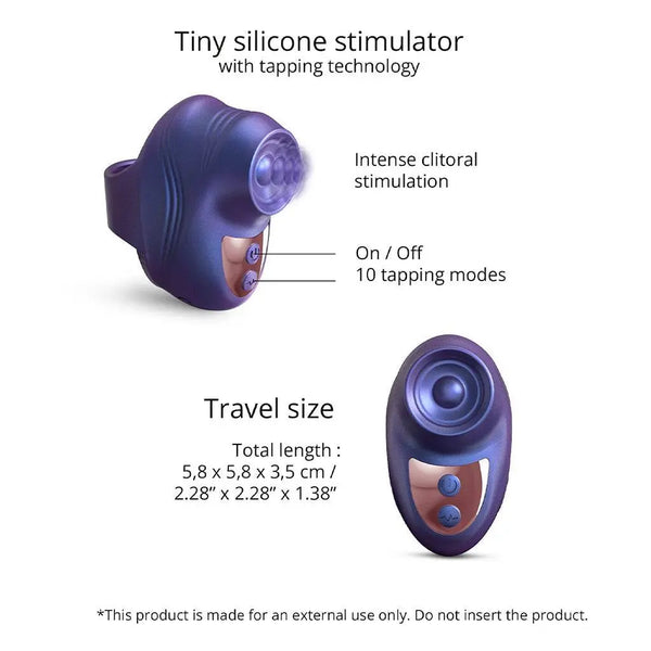 Kisscool specs diagram showing 10 tapping modes, on/off button, and 5.8 cm travel-size dimensions