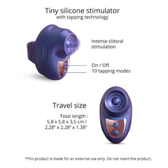 Kisscool specs diagram showing 10 tapping modes, on/off button, and 5.8 cm travel-size dimensions