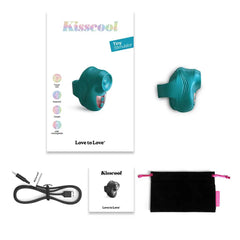 Kisscool tiny stimulator packaging with device, USB cable, pouch, and manual included