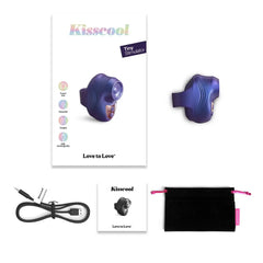 Kisscool Tiny Stimulator packaging showing device, velvet pouch, USB cable, and manual