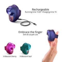 Kisscool shown USB-charging with color variants iridescent berry and teal, worn on finger