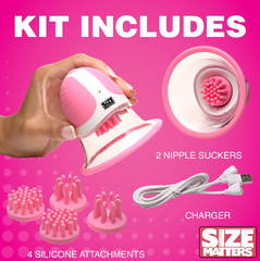 Kit contents: two nipple suckers, four silicone attachments, and USB charging cable