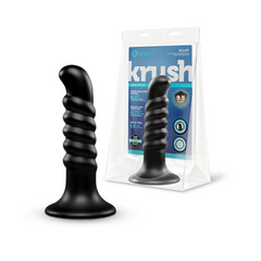 Krush 9.5-inch black dildo beside retail packaging showing key size specs