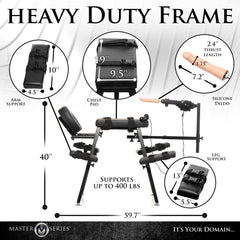 Labeled dimensions of heavy-duty steel bench frame supporting up to 400 lbs with silicone dildo detail