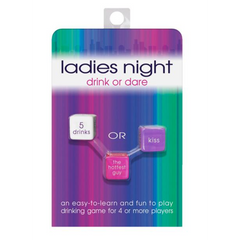 Ladies Night Drink or Dare dice game packaging showing three colorful dice and game rules