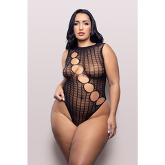 Latest Obsession black grid-knit teddy with oval cut-outs modelled in plus size, front view