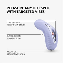 Laya III feature diagram showing curved body design, customizable vibration intensity, and targeted stimulation points