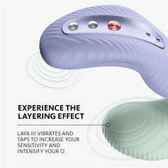 Laya III layering effect feature shown with vibration and tapping motion graphic overlay